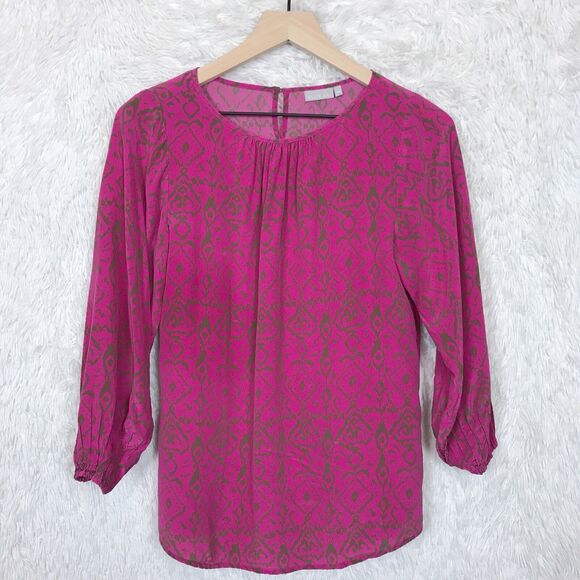 Ellie Kai Pure Silk Peasant Blouse Pink Brown Ikat 3/4 Sleeve Womens 00 XXS - Picture 1 of 7